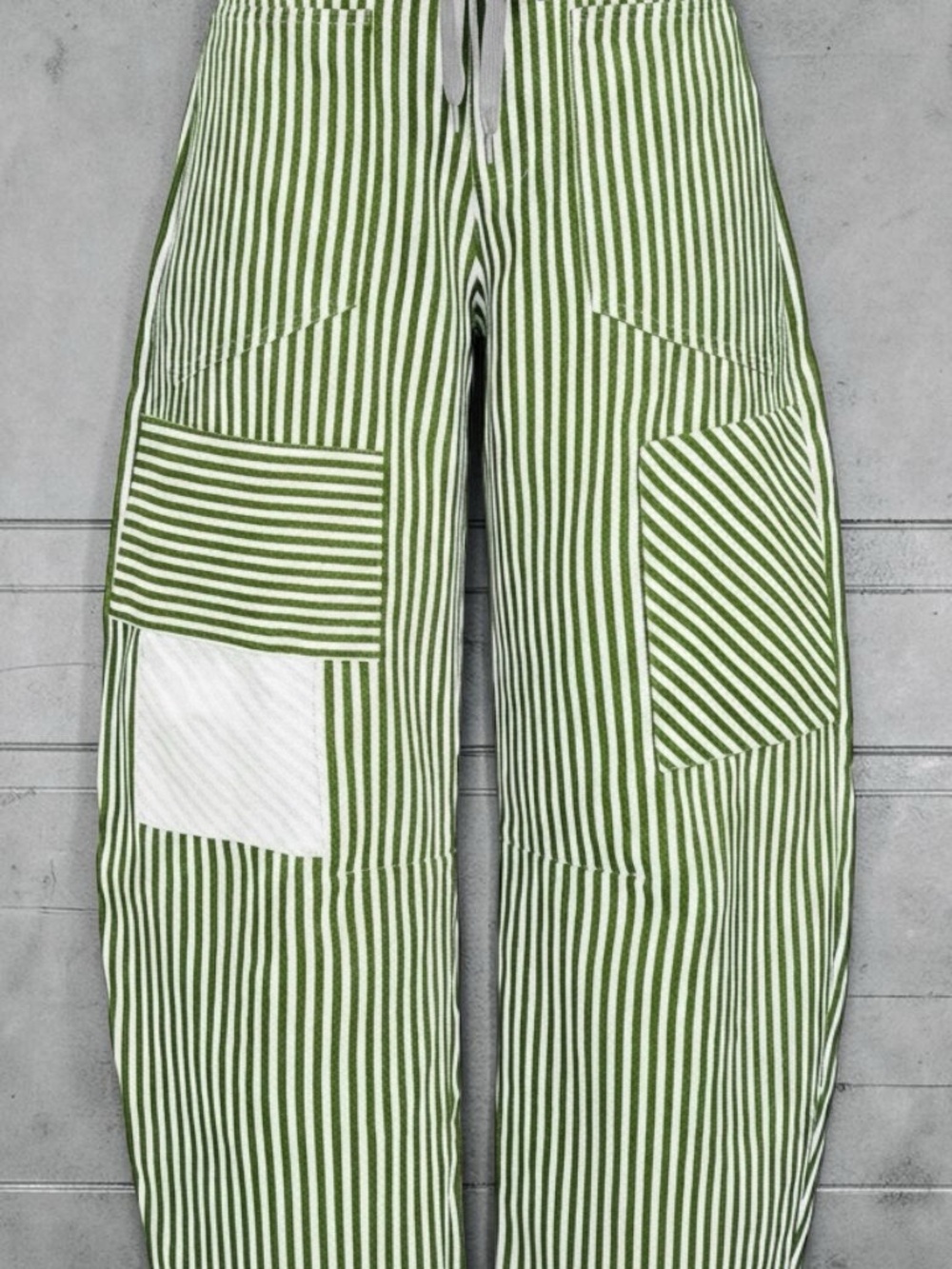 MICAS Green & White Vertical Striped Drawstring Barrel Jean - Large - A129
